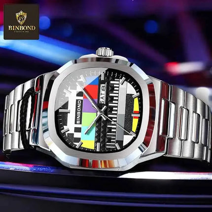 BINBOND Creative TV Dial Men's Watches New Fashion Original Retro Design Luminous Quartz Wristwatch For Man With Calendar Week