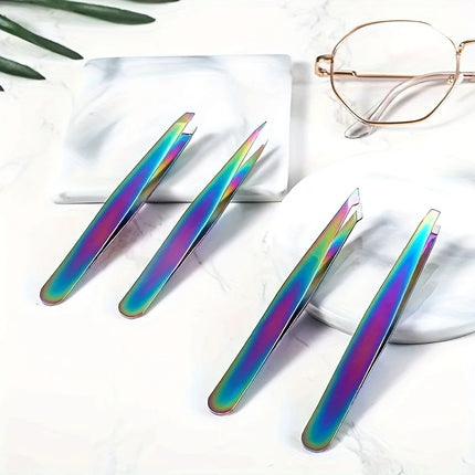 Colorful Stainless Steel 4pcs Eyebrow Tweezers 4 Pcs Set Colored Titanium Coating Trimming and Hair Removal Tweezer