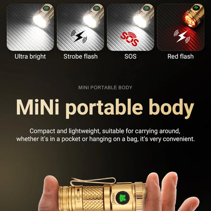 1200lm Mini Flashlight EDC Torch with 4* LEDs and Red Flash Aux LED Copper Metal Pen Flashlight with Magnetic Base Emergency