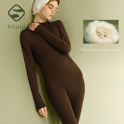 SUJIIN Women's Wool Thermal Underwear Set 2025 Winter Lyocell Mock Neck Thermals Tops + Long Johns Women 2 Piece Outfits Sets