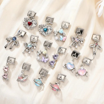 Wholesale Colorful Shiny Zircon Heart Bows Pendant Italian Charm Links Fit 9mm Stainless Steel Bracelet Women Jewelry DIY Making