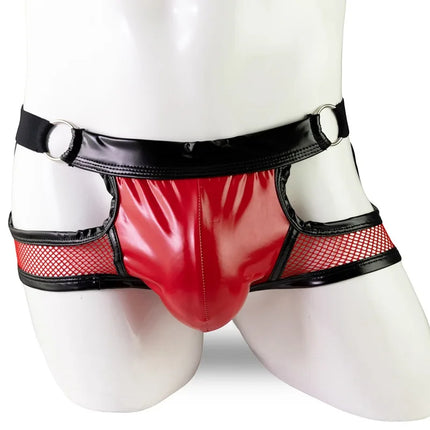 Men's Jockstraps Gay Underwear Lingeries Erotic Penis Bikini Panties Man Patckwork Mesh Faux Leather Jock Strap Underpants Cueca