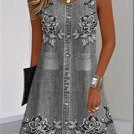 2025 Women Summer Sleeveless Bohemian Dress Fashion Imitate Cowboy Vest Flowers Print Dress Casual Tank Beach Dresses For Women
