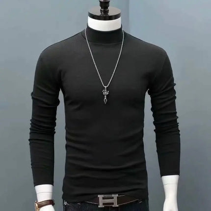 2026 Spring New Men's Turtleneck T-shirt Long Sleeve Slim Fit Solid Color High Elastic Bottoming Pullovers Basic Style Male Tops