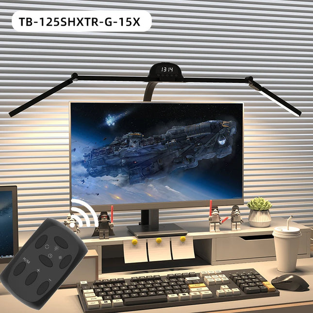 24W LED Clip Desk Lamp with Remote Control Rotatable 3 Head Stepless Dimming Eye-Caring Reading Desk Lamp for Office PC Studying