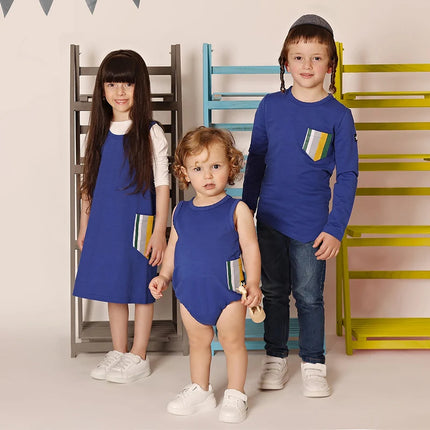 AA-boys and girl t-shirt asymmetrical bottom striped pocket set outfit family matching boy shirt clothes short and long sleeves