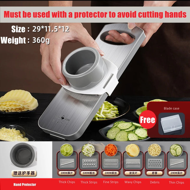 LFGB Certification Pure 316 Stainless Steel Kitchen Mandolin 6 Pieces Ultra Sharp Blades Vegetable Slicer Grater with Protector