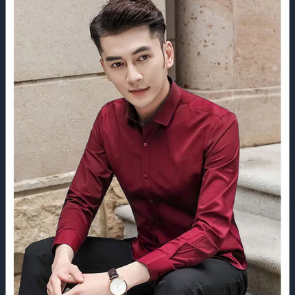 Slim Fit Long Sleeve Silk Men's Shirt Hong Kong Style Workwear Iron-Free Professional Shirt Youth Fashion Spring