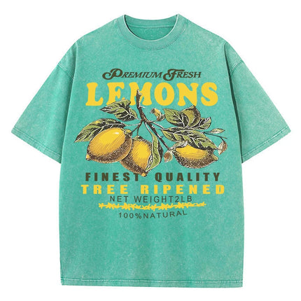 Premium Fresh Lemons Fruit Print Women Washed T-Shirts Y2K Comfortable Short Sleeve Loose All-Match T-Shirt Cotton Hip Hop Top
