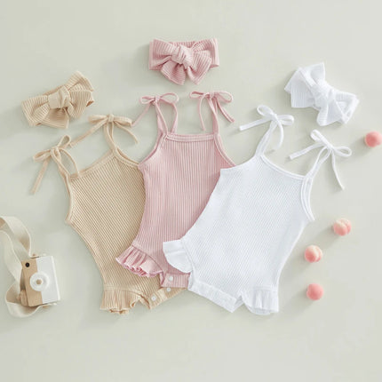 FOCUSNORM 0-18M Infant Baby Girls Sweet Romper Solid Color Knitted Ribbed Tie-Up Spaghetti Straps Sleeveless Ruffles Jumpsuits