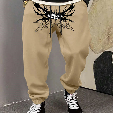 Men's Gothic Symmetric Demon Fangs Thorn Tribal Print Sweatpants Elastic Waist Soft Dark Punk Street Hip Hop Joggers