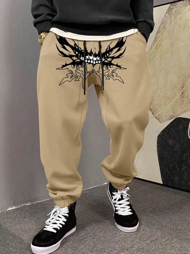 Men's Gothic Symmetric Demon Fangs Thorn Tribal Print Sweatpants Elastic Waist Soft Dark Punk Street Hip Hop Joggers