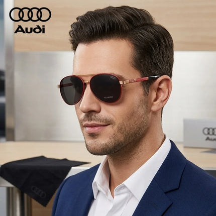 AUDI High Quality Sunglasses for Men Fashion Polarized Driving Eyewear Red Metal Frame Gold Pilot Sun Glasses Original Box