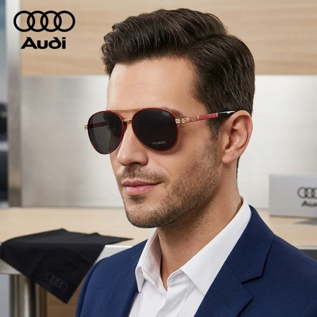 AUDI High Quality Sunglasses for Men Fashion Polarized Driving Eyewear Red Metal Frame Gold Pilot Sun Glasses Original Box