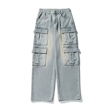Men's new multi pocket workwear design jeans retro washed Japanese and Korean casual pants loose pants soft and cool