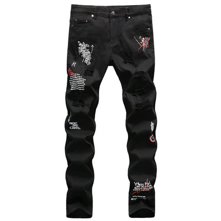 Men Letters Embroidery Printed Jeans Streetwear Slim Straight Stretch Denim Pants Black White Holes Ripped Trousers