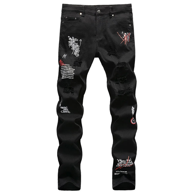 Men Letters Embroidery Printed Jeans Streetwear Slim Straight Stretch Denim Pants Black White Holes Ripped Trousers