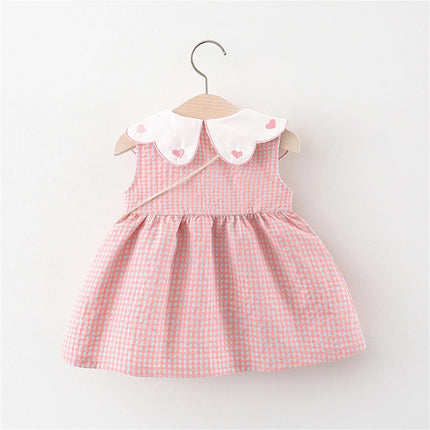 Summer Newborn 2-Piece Girl Infant Cotton Dress And Backpack Baby Embroidered Flip Collar Checkered Sleeveless Beach Dress