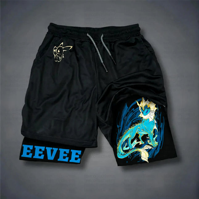 Pokémon Anime Eeveelution Printed 2-in-1 Double-layer Shorts 2026 Unisex Summer New Fitness Breathable Fast Drying Sports Shorts