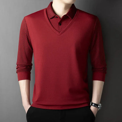 Men's Casual Fashion Long Sleeve Solid Color Polo Shirt 2025 Business Versatile Top All Season Fake Two-Piece