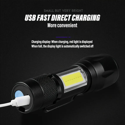 Portable COB+LED Camping Light Flashlight USB Rechargeable Zoom Tactical Torch Lamp Waterproof Emergency Torch Christmas Gift