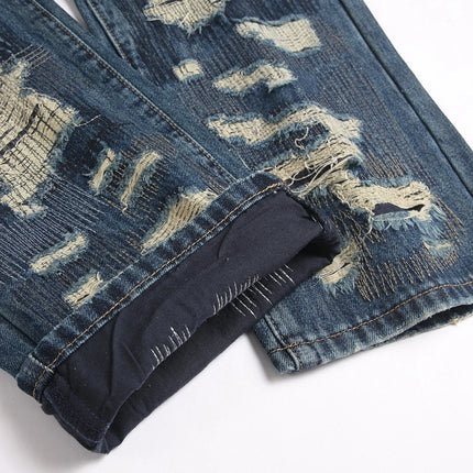 Men Ripped Denim Jeans Holes Distressed Patchwork Beggar Pants Embroidery Loose Straight Trousers