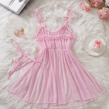 Women Perspective Mesh Nightdress Bow Wrapped Around Chest Pink Sexy Babydoll With Thong Erotic Sexy Lingerie Valentine Day Gift