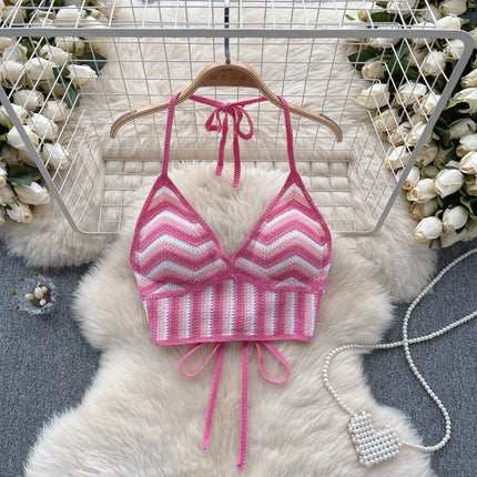 Beach Vacation Style Cami Top Women Design Sense Color Blocking Hook Flower Slim Fit Camisole Short Sexy Exposed Navel Crop Tops