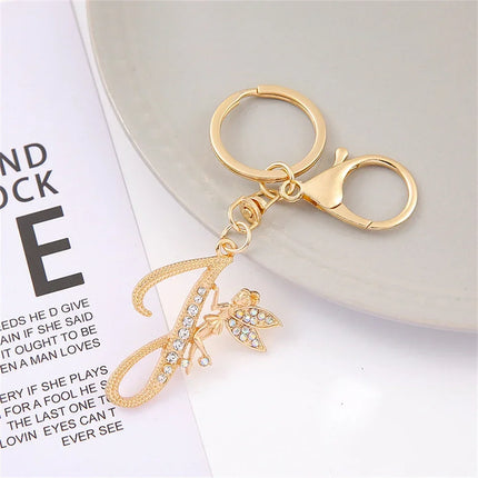A-Z Rhinestone Elf Girl Letter Keychain Gold Color Initial Name Keyrings Girls Car Key Holder Handbag Purse Charms Decoration