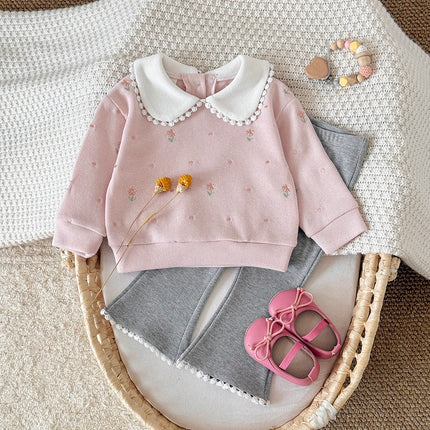 1-3 Years Baby Girl Clothes Pink Peter Pan Collar Sweatshirt and Flare Pants Set Floral Embroidery Toddler Outfit