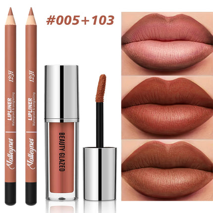 2Pcs/Set Lip Liner + Lipstick, Pink Brown and Purple, Long-lasting Matte, Waterproof and Easy to Apply, Create Daily Makeup