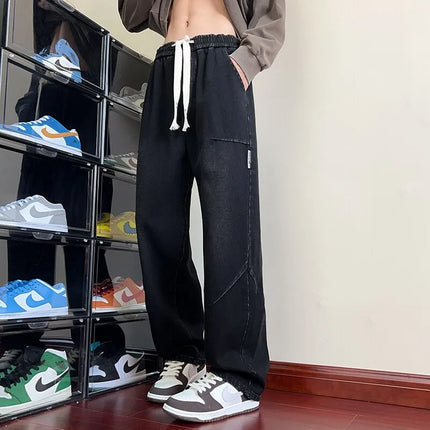 High Streetwear Casual Men's Drawstring Cotton Jeans Spring Autumn Straight Denim Pant Male Loose Breathable Full-Length Trouser