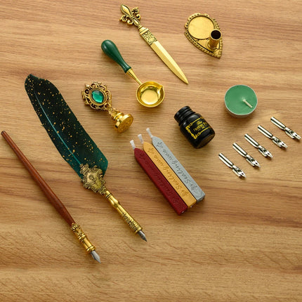 Luxury Fountain Pen Set, Retro Sprinkling Feather Pens Calligraphy Writing Dip Kit with Wax Seal Stamp & Replace Nibs, Gift Box