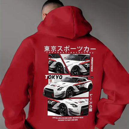 Men's new fashionable car printed casual street style hooded sweatshirt, sports shirt, warm and comfortable top