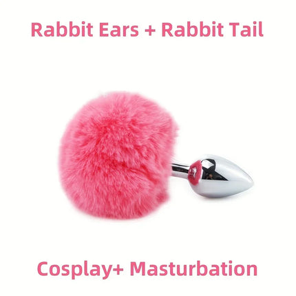 Anal Plug Bunny Tail Set, 2Pcs Metal Stainless Steel Buttplug, Flared Base for Safety, Adult Sex Toy for Couple Play
