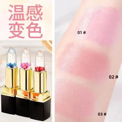 Color Changing Flower Jelly Lipstick Moisturizing Lip Balm with Gold Foil Temperature Sensory Cosmetic Makeup
