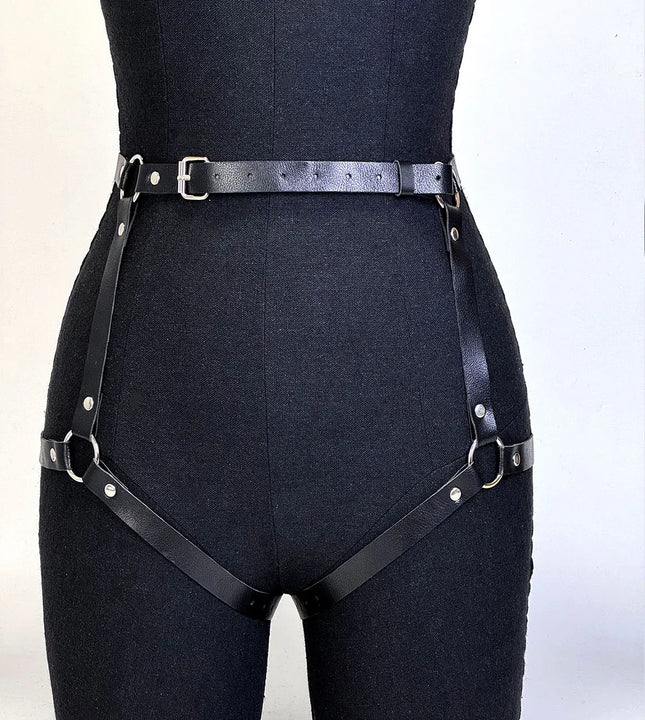 Women's Sexy Leather Lingerie Body Harness Belt Suspenders Leg Harness Goth Clothing Rave Outfit BDSM Garter Belt Lingerie Bondage