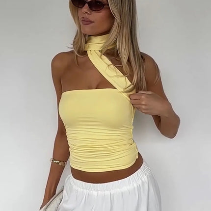Hugcitar Women Elegant Halter Scarf Strapless Ruched Solid Sexy Slim Crop Tank Top 2025 Summer Casual Clothes Streetwear Party