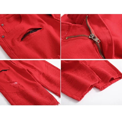 New Red Men's Jeans Shorts Pleats and Holes Decorated Shorts Men Blue White Black Blue Red Denim Shorts，Asian Size