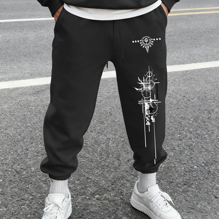 Men's Gothic Geometric Thorn Totem Vertical Line Print Sweatpants Elastic Waist Soft Dark Punk Street Hip Hop Joggers