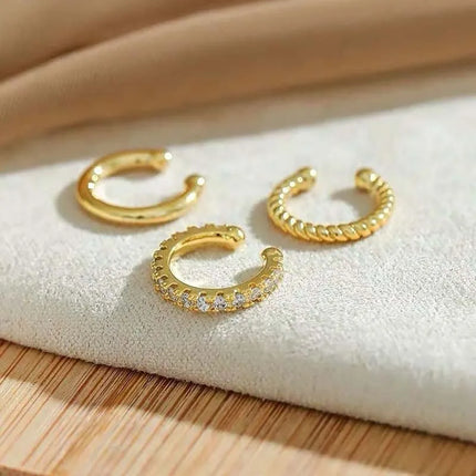 3Pcs/Set Fashion Gold Color Crystal Clip Earrings for Women Girls Minimalist Metal C-shaped Fake Piercing Ear Cuff  Ear Jewelry