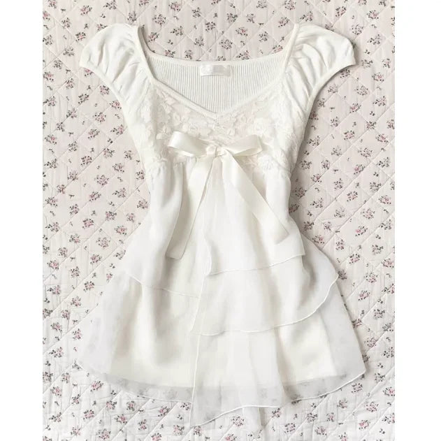 Y2k Kawaii White Ruffle Sweet Blouse Women Japanese Fashion Fairy Bow Sleeveless Tops New Harajuku Elegant Slim Summer Shirts