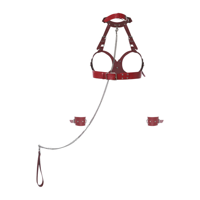 Women's Hollow Out Cup Halter Body Chest Harness with Bracelets and Metal Chain Leash Set Adult Couple Room Games Accessories