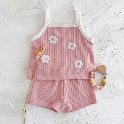 2Pcs/set Summer New Baby Girls Clothing Casual Newborn Set Pink Towel Embroidery Cute Vest-type T-shirt+Shorts Baby Set