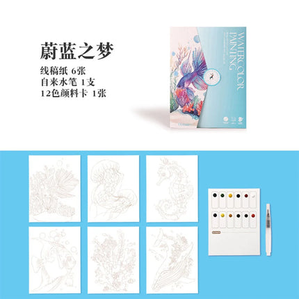 6 Sheets Watercolor Painting Kit with Brushes Paints and Coloring Book Draw Art School Stationery Gift for Boys Girls Travel Toy