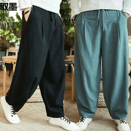 Fashion Summer Casual Pants For Mens Cotton Linen Loose Trousers Trendy Large Size Bloomers Male Home Tai Chi Wide Leg Pants 5XL