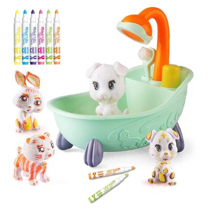 Cute Fun Pet Bathtub Playset - Washable Doodle Pet Toys with Color Crayons for Kids' Creative Bath Time Play