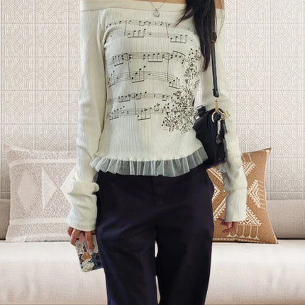 Y2K Aesthetic Fairy Off Shoulder Tops Women Long Sleeve Music Note Print Slim Fitted T-Shirt Ruffle Blouse Clothes