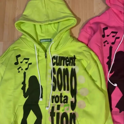 Women Sexy Pattern Print Zip Up Hoodies Women Long Sleeve Tops Loose Hood Shirt Harajuku Y2K Clothes Female Sweatshirt Jacket