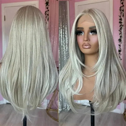 Loose Curly Ombre White Blonde With Short Roots Lace Top Wig With Bangs Synthetic And Blend Lace Premium Fibre Heat Resistant